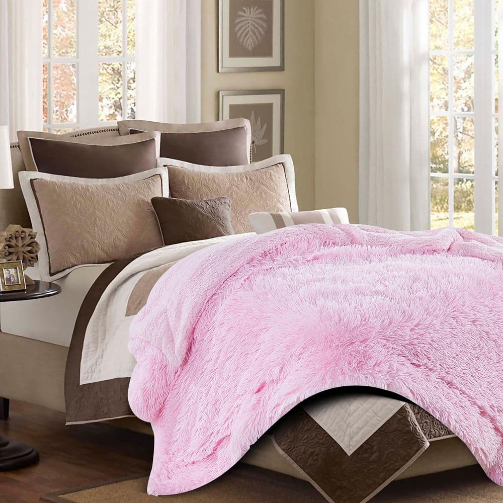 Pink Faux Fur Sherpa Fleece Reversible Throw Blanket