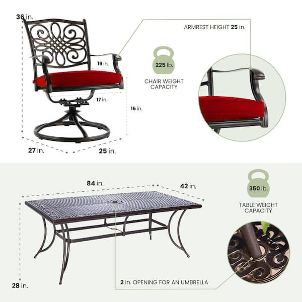 Traditions 9-Piece Aluminum Outdoor Dining Set with Swivel Rockers with Red Cushions