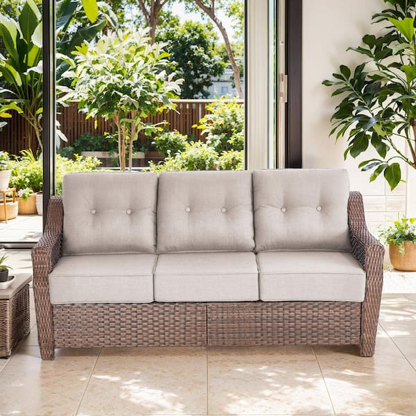Bellefurn Circle 3-Seat Brown Wicker Outdoor Couch Patio Sofa with High Curvy Back, and 6 in. Thick Beige Cushions