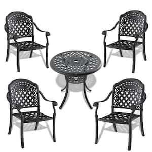 Black 5-Piece Cast Aluminum Outdoor Dining Set, Patio Furniture with 30.71 in. Round Table and Random Color Cushions