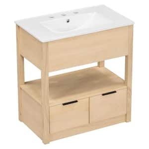 30 in. W Single Bowl Freestanding Natural Bath Vanity with White Porcelain Ceramic Top Bathroom Cabinet