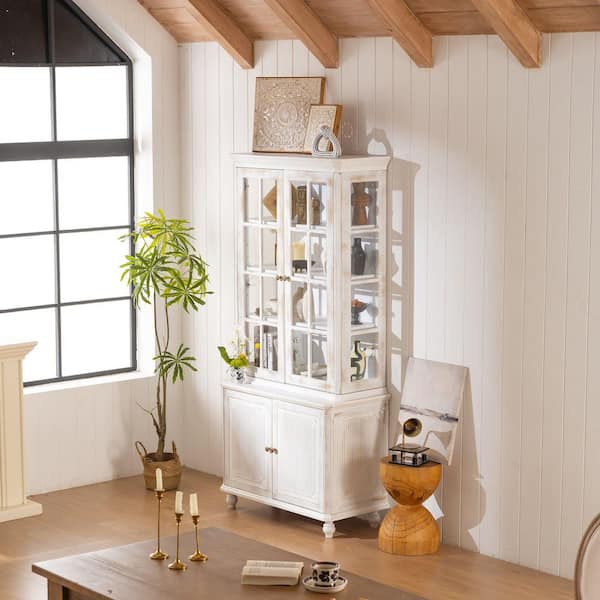 White Washed 77.5 in. Accent Cabinet, Pantry Cabinet with Glass Doors, Hutch Cabinet 3-Sided Glass