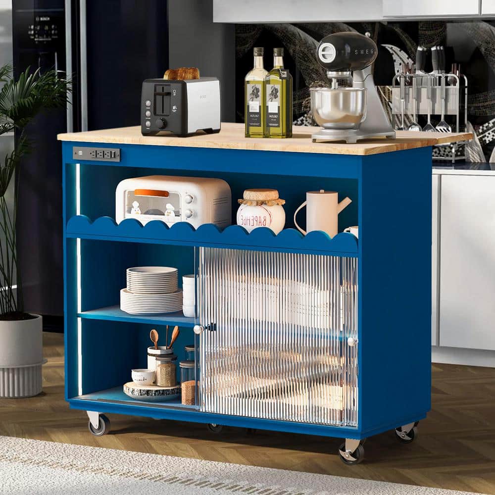 Zeus & Ruta Navy Blue Wood 44 in. Kitchen Island with Drop Leaf, LED ...