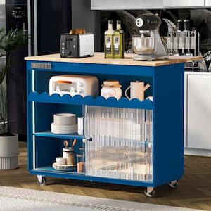 Navy Blue Wood 44 in. Kitchen Island with Drop Leaf, LED Light and Power Outlets