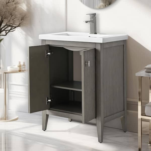24 in. W x 18.5 in. D x 34 in. H Single Sink Linear Driftwood Gray Bath Vanity Cabinet with White Ceramic Top