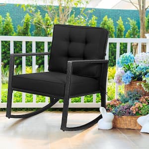 Wicker Outdoor Rocking Chair Patio Lawn Rattan Single Chair Glider with Black Cushion