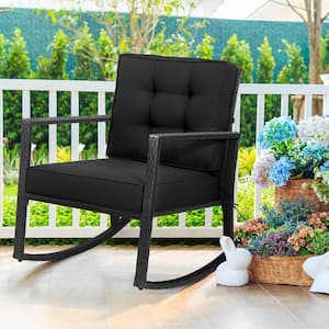 Wicker Outdoor Rocking Chair Patio Rattan Single Chair Glider with Black Cushion (2-Pieces)
