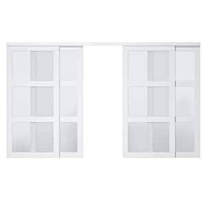 144 in. x 80 in. 3 Lites Frosted Glass MDF Closet Sliding Door with Hardware Kit