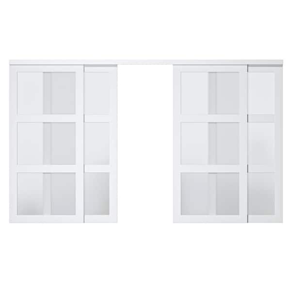 EH PUERTA 144 in. x 80 in. 3 Lites Frosted Glass MDF Closet Sliding Door with Hardware Kit