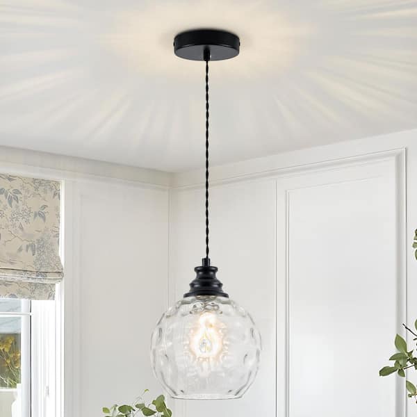 Jasslynn 1-Light Black Globe Pendant Light with Hammered Glass Shade for Kitchen Island, Dining Room, No Bulbs Included