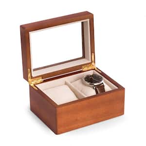 Cherry Wood 2-Watch Box with Glass Top, Velour Lining and Pillows