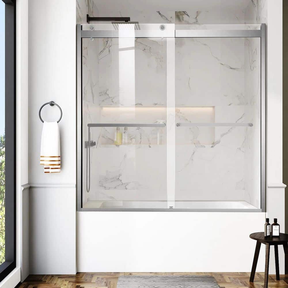 56 in. to 60 in. W x 62 in. H Double Sliding Semi-Framed Tub Door in Brushed Nickel with Easy-Clean Clear Glass price history on PriceWatchPro