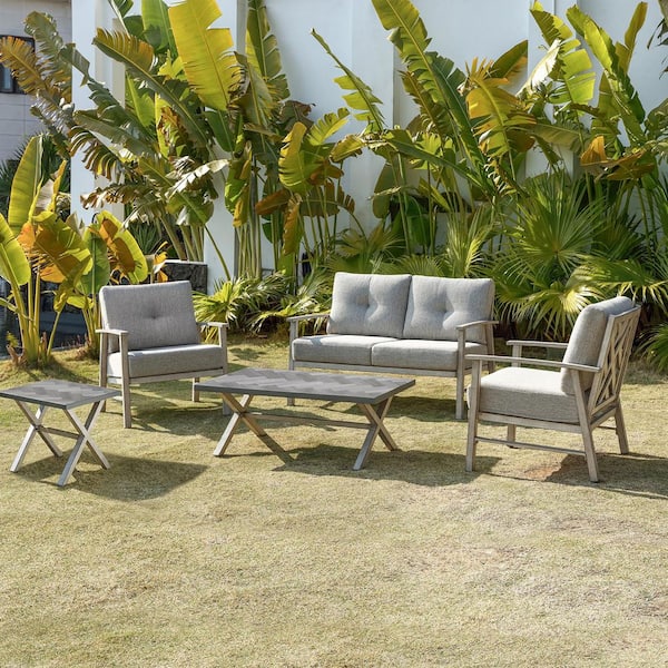 Vintage Gray 5-piece Aluminum Outdoor Patio Conversation Sofa Set with 2 Tables and Gray Cushions
