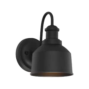 6 in. W x 9 in. H 1-Light Matte Black Hardwired Outdoor Wall Lantern Sconce with Metal Shade