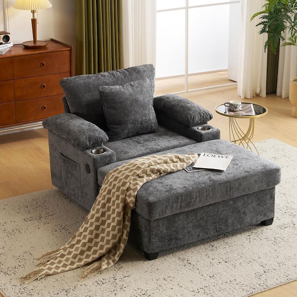 Harper & Bright Designs Oversized Dark Gray 38.6 in. Chenille Chaise Lounge with Charge Station, Cup Holders, Side Pockets, Flip-Top Boxes