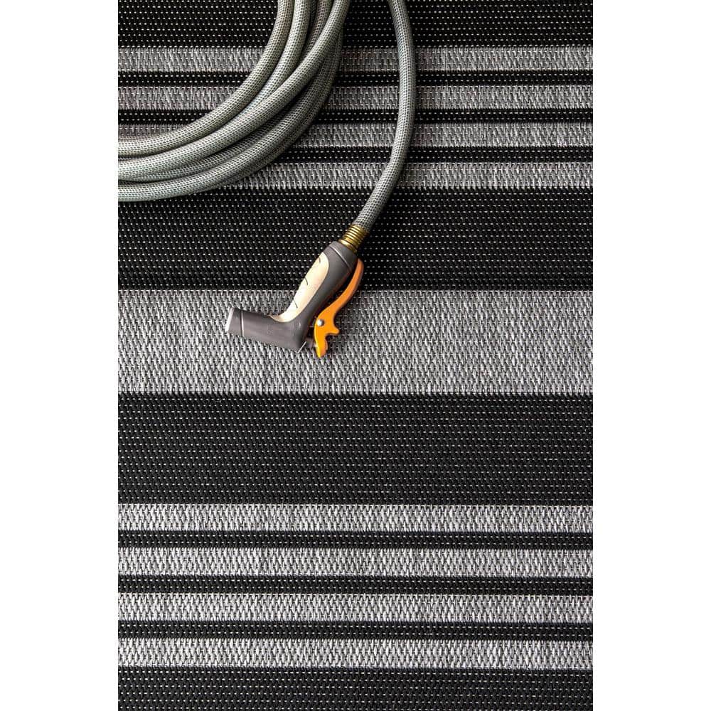 Gray and Black Striped Synthetic Indoor/Outdoor Rug