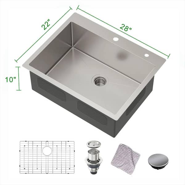 28 x 22 in. Drop-In/Topmount Single Bowl 16-Gauge Brushed Nickel Stainless Steel Kitchen Sink with Bottom Grids