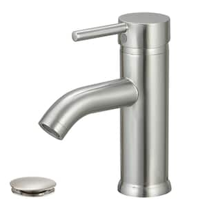 Simple Single-Handle Single-Hole Bathroom Brass Sink Faucet with Pop-Up Drain Assembly Kit Included in Brushed Nickel