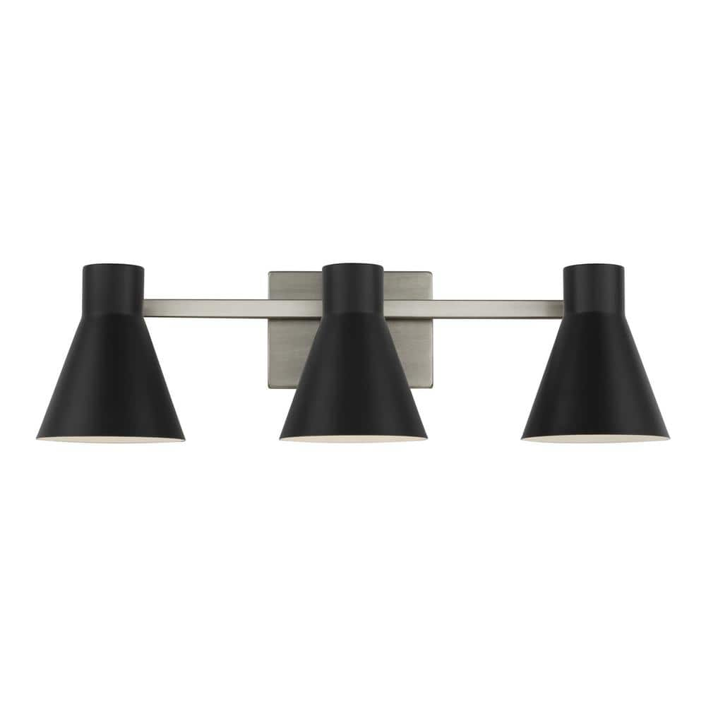 Towner 25 in. 3-Light Brushed Nickel Modern Contemporary Wall Bathroom Vanity Light with Black Metal Shades -  Generation Lighting, 4441303-962