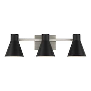 Towner 25 in. 3-Light Brushed Nickel Modern Contemporary Wall Bathroom Vanity Light with Black Metal Shades