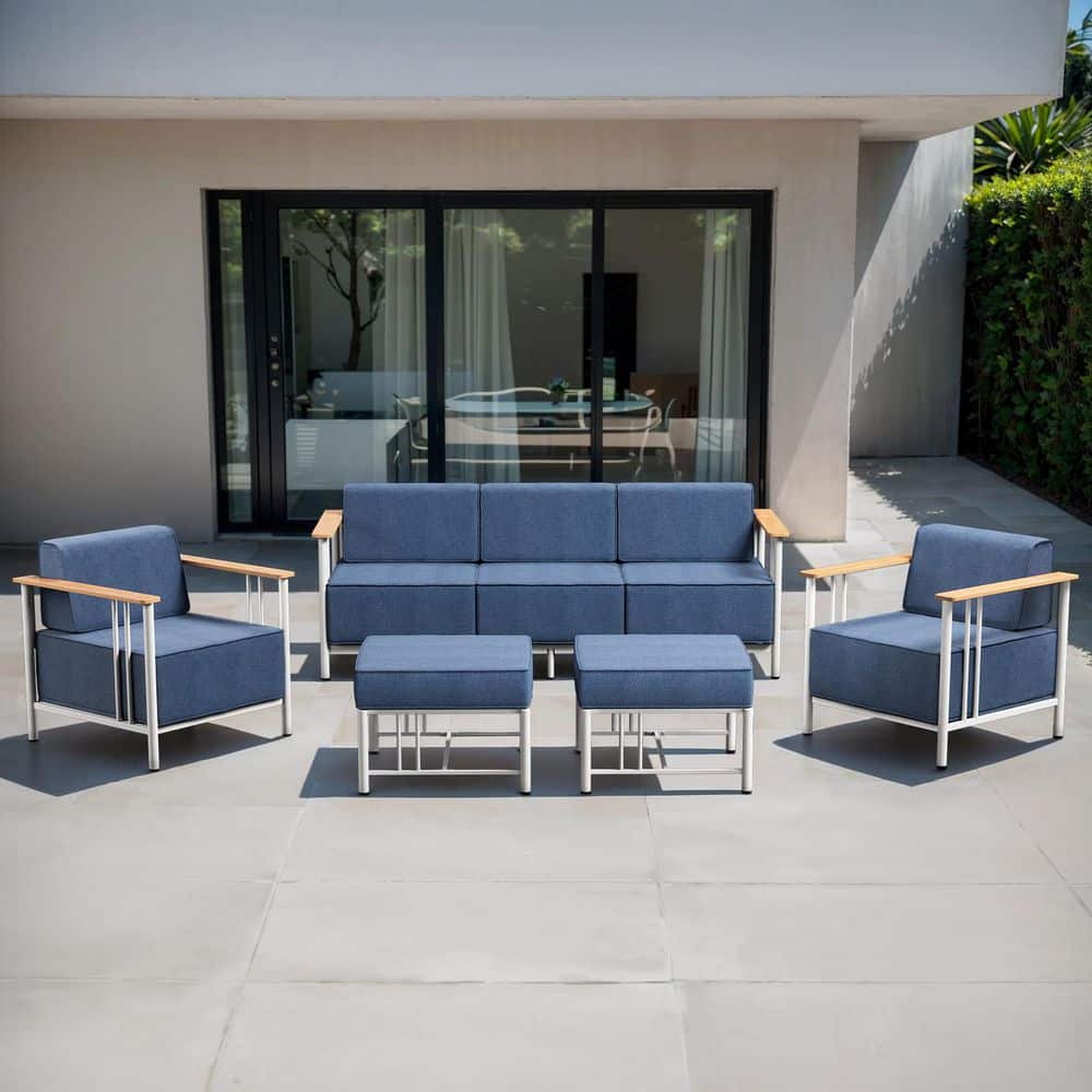 Puffin 5-Piece White Metal Patio Conversation Set with Sofa, Armchairs and 10 in. Thick Navy Blue Olefin Cushions price history on PriceWatchPro