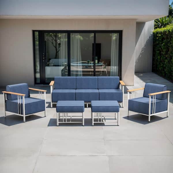 Puffin 5-Piece White Metal Patio Conversation Set with Sofa, Armchairs and 10 in. Thick Navy Blue Olefin Cushions