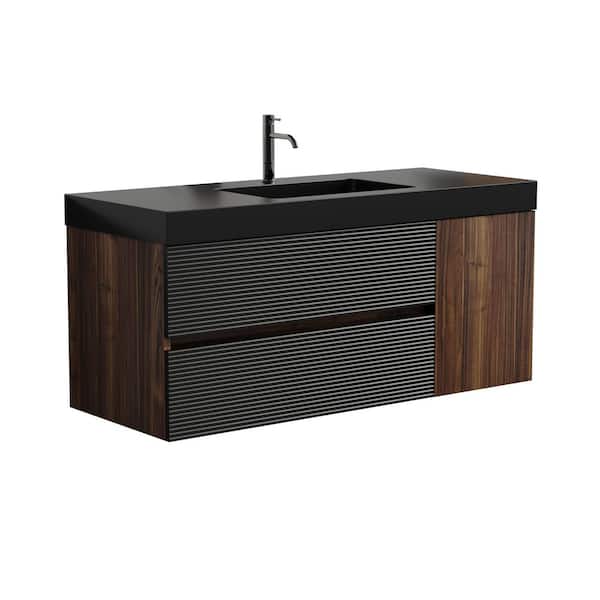 Ziyudura 48 in. Single Sink Floating Walnut Bath Vanity with Black
