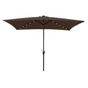 10 ft. x 6.5 ft. Rectangular Patio Beach Market Solar LED Lighted Umbrella in Chocolate with Crank and Push Button Tilt