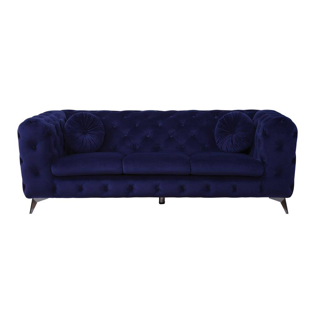 Elegant Blue Velvet Tufted Sofa with Chrome Legs, 86 in