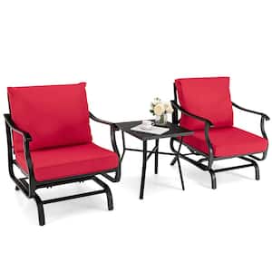 3-Piece Metal Patio Rocking Outdoor Bistro Set Armrest Chair Side Table with Red Cushions
