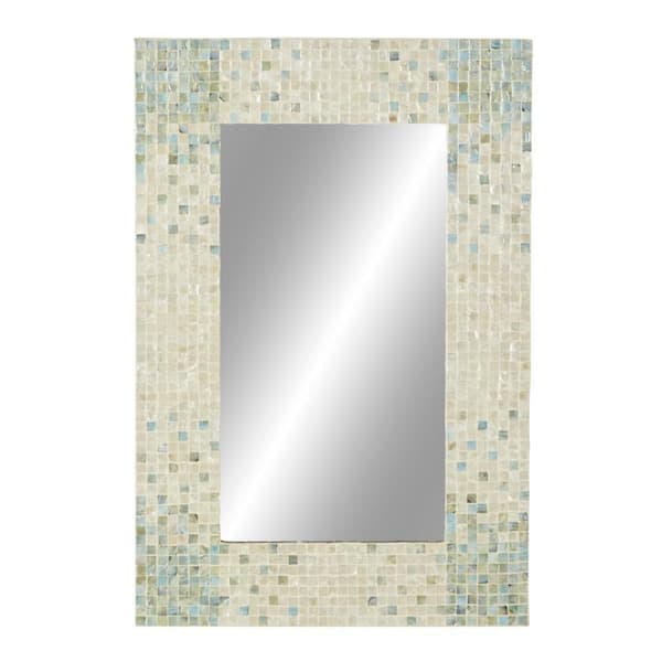 36 in. x 24 in. Handmade Mosaic Rectangle Framed Cream Wall Mirror with Blue Corners