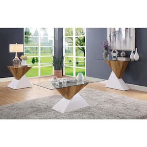 Arkin 48 in. Clear/White/Natural Large Rectangle Glass Coffee Table with Pedestal Base