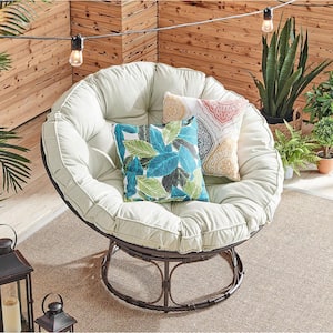 45 in. Cream Moon Papasan Chair with Tufted Pillow Cushion Round Steel Frame PE Wicker Stand