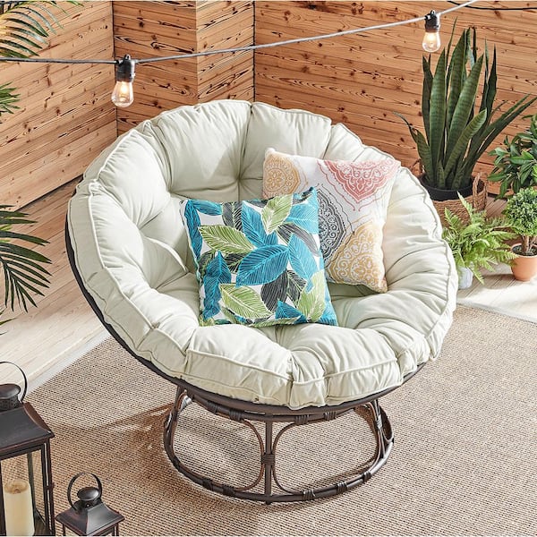 Barton 45 in. Cream Moon Papasan Chair with Tufted Pillow Cushion Round Steel Frame PE Wicker Stand