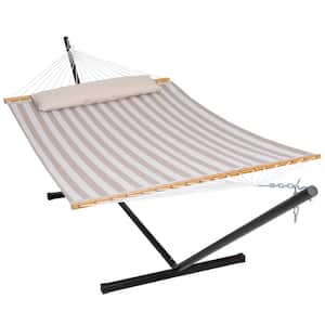 55.1 in. x 78.7 in. Quick Dry Fabric Hammock and 12 ft. Steel Stand with Matching Pillow in Sling-Light Gray Stripes
