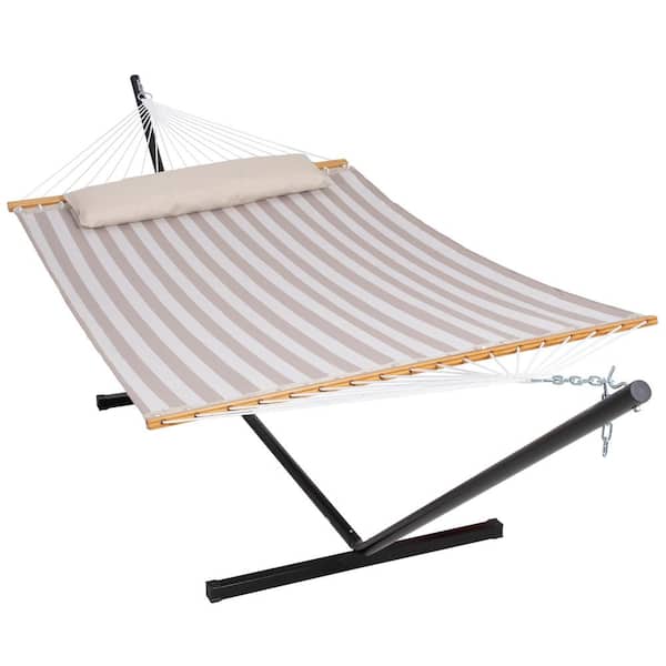 Atesun 55.1 in. x 78.7 in. Quick Dry Fabric Hammock and 12 ft. Steel Stand with Matching Pillow in Sling-Light Gray Stripes