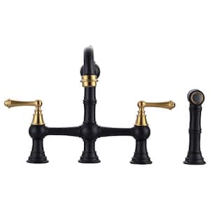 Double Handle Bridge Kitchen Faucet with Side Sprayer in Gold and Black