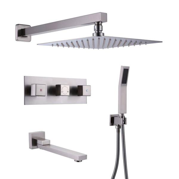 GIVING TREE 3-Handles 3-Spray High Pressure 12 in. Tub and Shower Faucet with Wall Mount Shower Head in Brushed Nickel