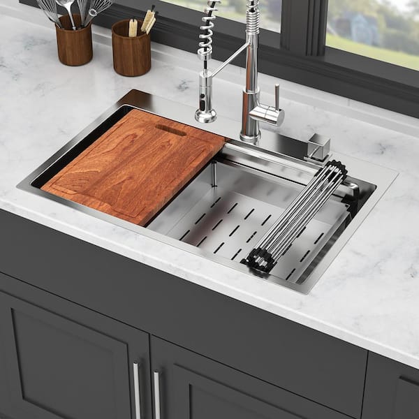 33 in. Drop-In Single Bowl 16 Gauge Brushed Nickel Stainless Steel Kitchen Sink with Workstation