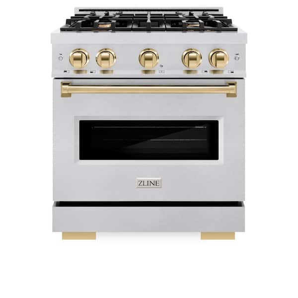 ZLINE Kitchen and Bath Autograph 30 in. Classic Dual Fuel Range with 4 Burner Gas Cooktop and Electric Oven in Satin Steel with Gold Accents