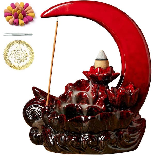 Afoxsos Red Ceramic Waterfall Incense Burner with 90-Incense Pieces