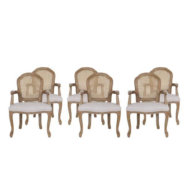 Noble House McKone Light Gray and Natural Wood and Cane Upholstered Dining Arm Chair (Set of 6)