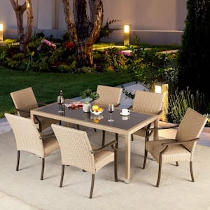 7-Piece Wicker Patio Dining Set, Outdoor Rattan Furniture Set with Tempered Glass Table top