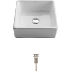 Square Ceramic Vessel Bathroom Sink in White with Pop Up Drain in Satin Nickel