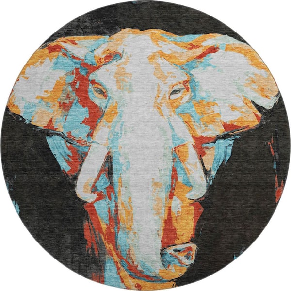 Mayfield Premium Machine Washable Abstract AMF2279 Black 8 ft. x 8 ft. Round Rug