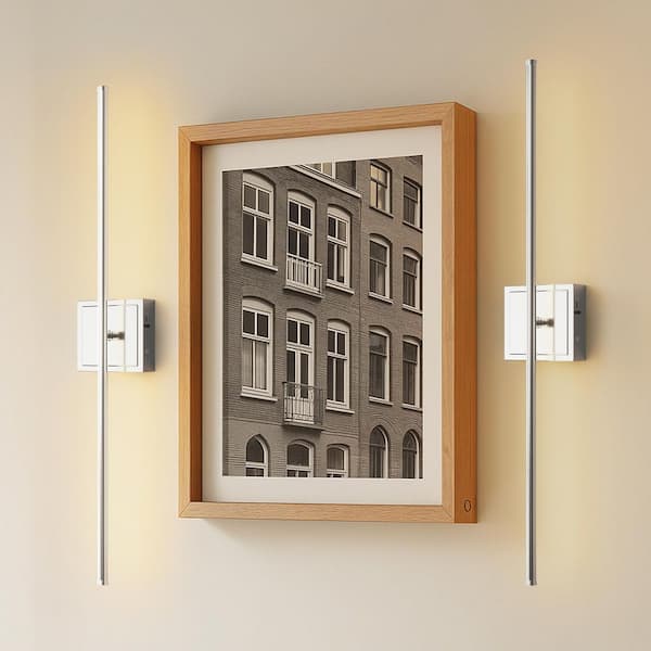 28 in. 1-Light Wall Sconces Chrome Wireless Lights with Remote 350° Rotation (2-Pack)