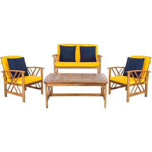 Fontana Natural Brown 4-Piece Wood Patio Conversation Set with Yellow Cushions