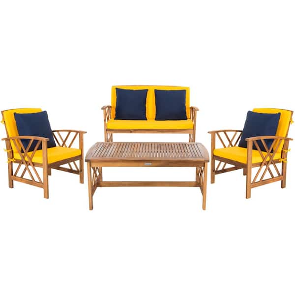 SAFAVIEH Fontana Natural Brown 4-Piece Wood Patio Conversation Set with Yellow Cushions