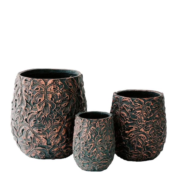 XBRAND 19.3", 15.4" and 12.2"H Tall Brown and Bronze Fiberstone/Cement Indoor Outdoor Planters with Drain Hole (Set of 3)