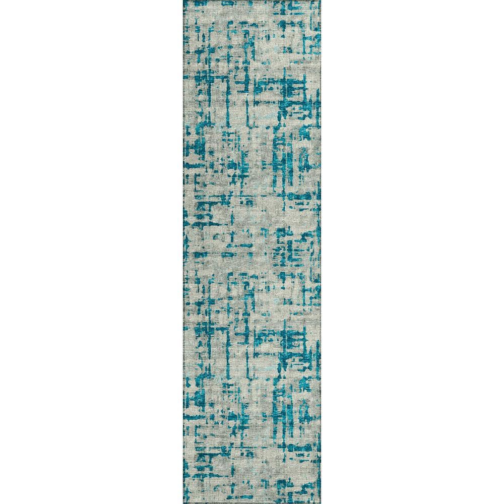 Bravado Blue 2 ft. 3 in. x 7 ft. 6 in. Geometric Indoor/Outdoor Washable Ar